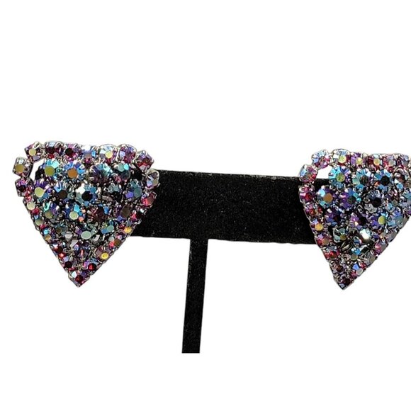 Aurora Borealis Clover Leaf Clip On Earrings Pat Pending Vintage Pave Rhinestone - Picture 2 of 11